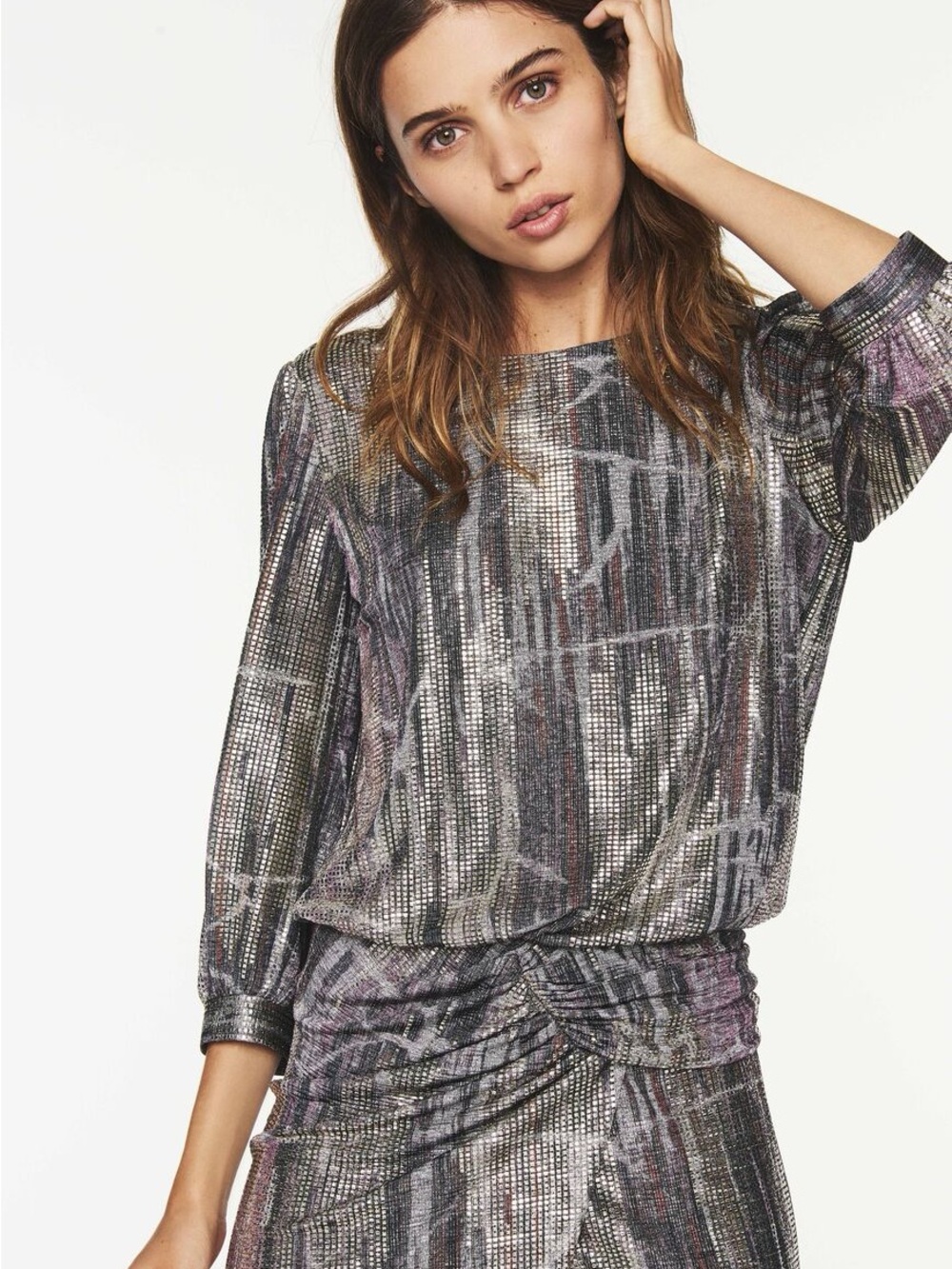 ba&sh Metallic Printed Backless Dress in Silver and Purple Accents